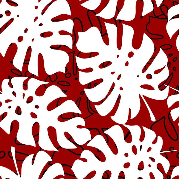 Motif Sans Couture Rouge Blanc Feuilles Tropicales Contours Texture Design — Image vectorielle