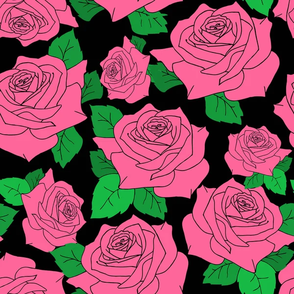 无缝隙图案 大型粉红色玫瑰花 叶背黑色 — 图库矢量图片