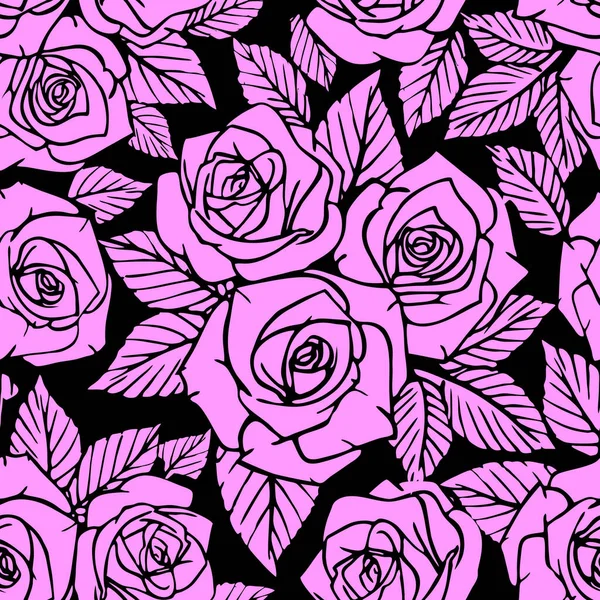 无缝隙的粉红色不对称玫瑰花纹 黑色背景 — 图库矢量图片
