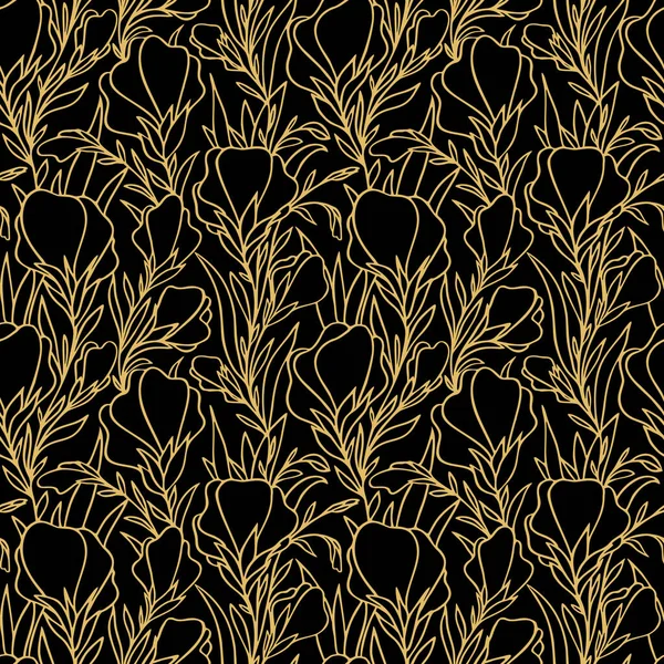 simple two-tone seamless pattern of golden large contours of flowers on a black background, texture, design