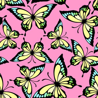Pembe arka planda parlak renkli kelebeklerin kusursuz deseni, dokusu, tasarımı