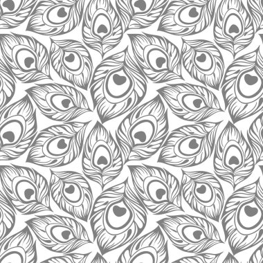 seamless contour pattern of gray peacock feathers on a white background, texture, design
