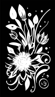 Siyah arka planda bir buket çiçeğin beyaz grafik çizimi, tasarım