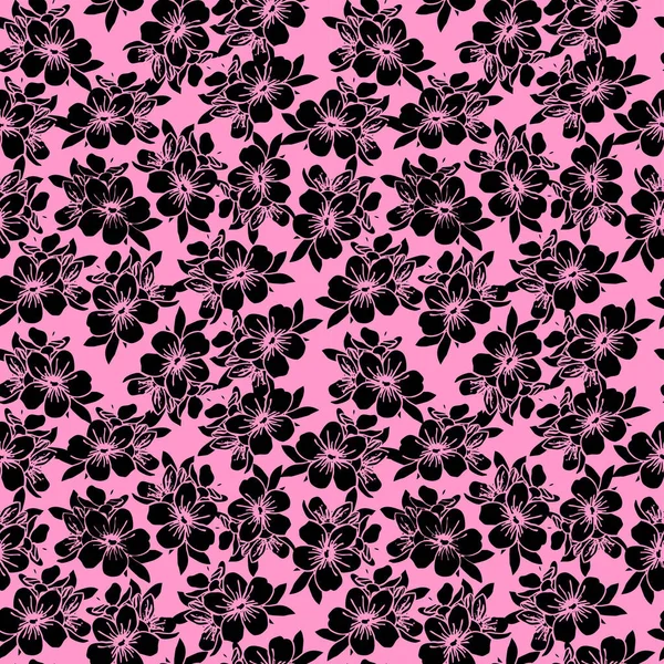 Sömlös Blommönster Svarta Kontur Blommor Rosa Bakgrund Konsistens Upprepa Mönster — Stock vektor