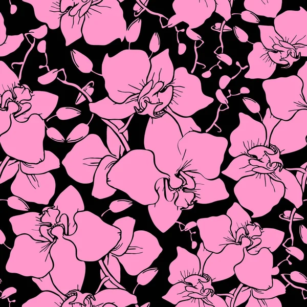 黒を基調とした蘭の大きなピンクのシルエットのシームレスなパターン デザイン — ストックベクタ