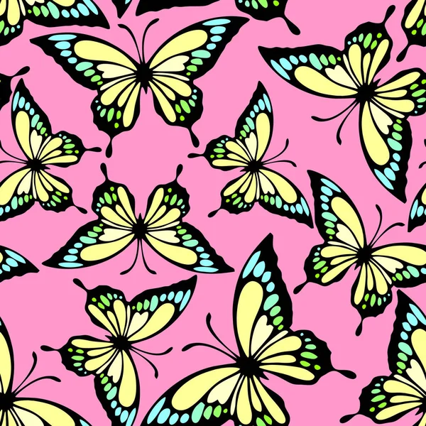 Seamless Pattern Bright Colored Butterflies Pink Background Texture Design — Stock Vector