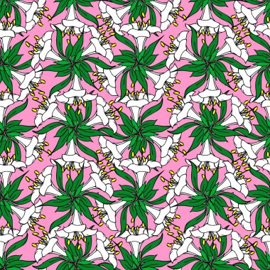 Pembe arka plan, doku ve tasarım üzerinde siyah çizgili beyaz, büyük egzotik çiçeklerin kusursuz deseni.