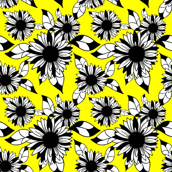 Bright Seamless Background Large Black White Inflorescences Yellow Background Texture — Stockvector