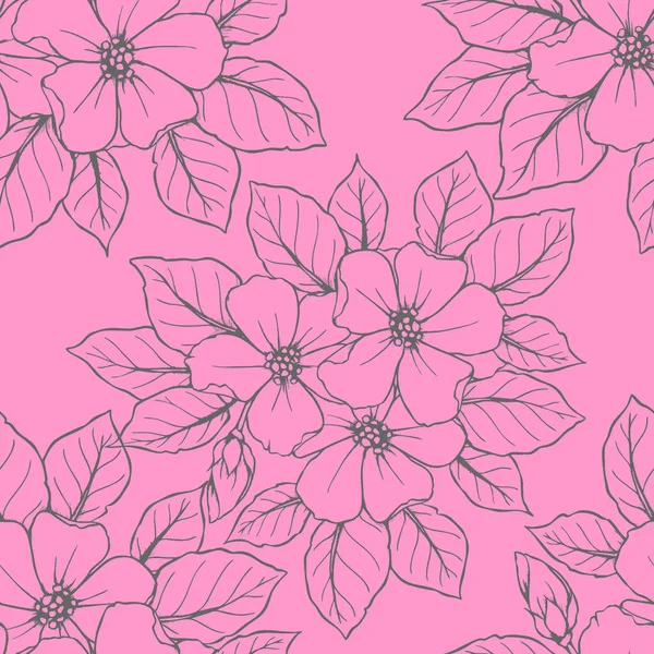 ピンクの背景に大きな灰色の花のシームレスな輪郭パターン テクスチャ デザイン — ストックベクタ