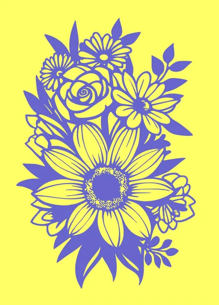 Blå Grafisk Ritning Bukett Blommor Gul Bakgrund Ukrainska Tema Grafik — Stock vektor