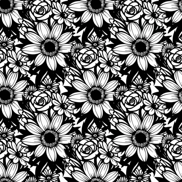Monochromatický Bezešvý Abstraktní Vzor Velkých Květin Textury Designu — Stockový vektor