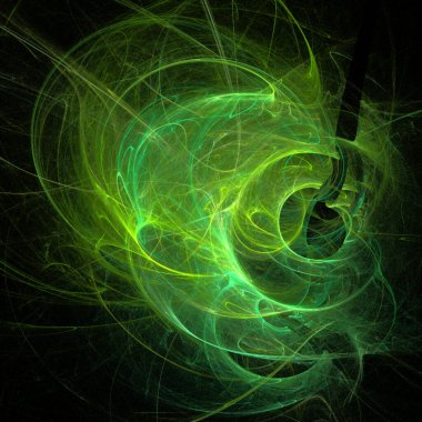 yellow and green abstract drawing on a black background, color digital graphics, design