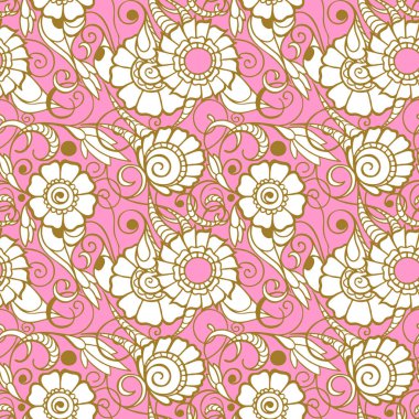 Pembe arka plan, doku ve tasarım üzerinde altın çizgili büyük beyaz çiçeklerin kusursuz deseni.