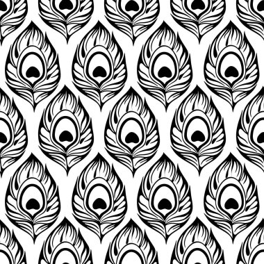 seamless contour pattern of black peacock feathers on a white background, texture, design