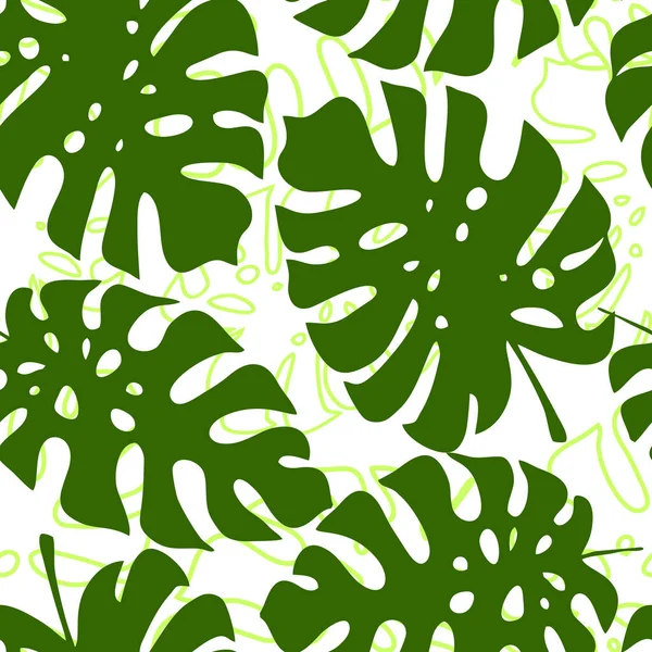 Feuille Tropicale Verte Blanche Sans Couture Contour Motif Texture Design — Image vectorielle