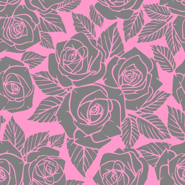 粉红背景 图案的无缝灰色不对称玫瑰花纹 — 图库矢量图片