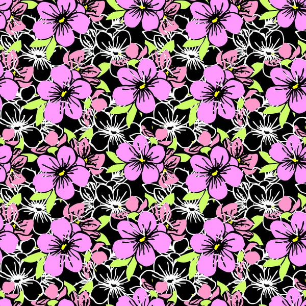 Zökkenőmentes Minta Rózsaszín Sziluettek Fehér Kontúrok Virágok Fekete Alapon Textúra — Stock Vector