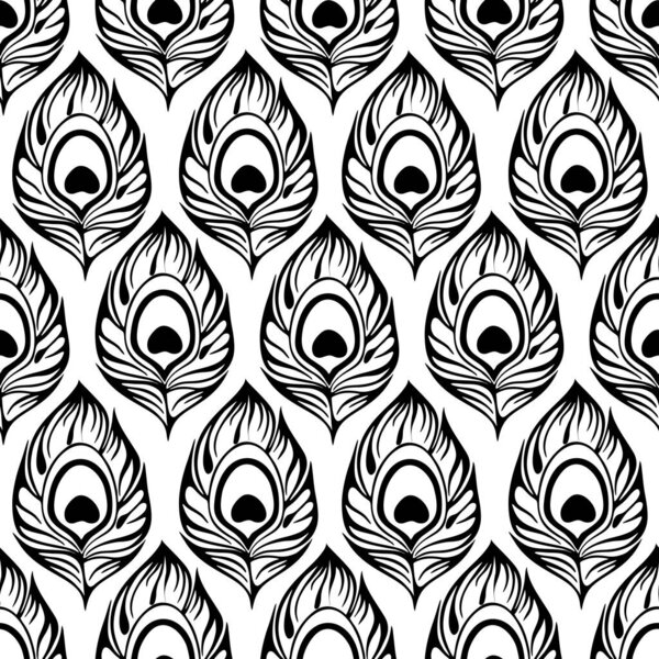 seamless contour pattern of black peacock feathers on a white background, texture, design