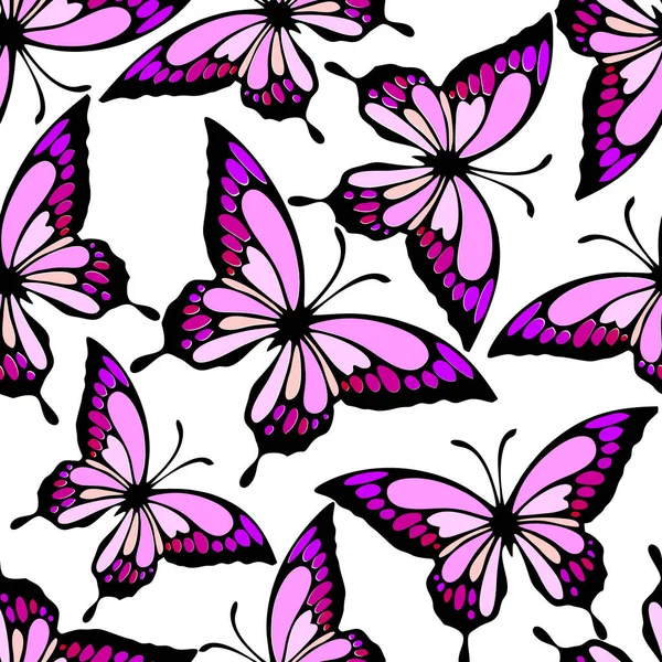 Beyaz Arka Planda Parlak Renkli Kelebeklerin Kusursuz Deseni Dokusu Tasarımı — Stok Vektör