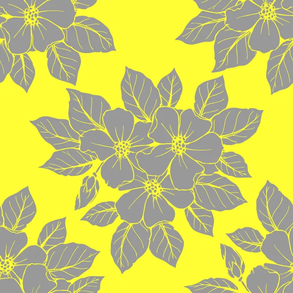 Nahtlose Konturenmuster Großer Grauer Blüten Auf Gelbem Hintergrund Textur Design — Stockvektor