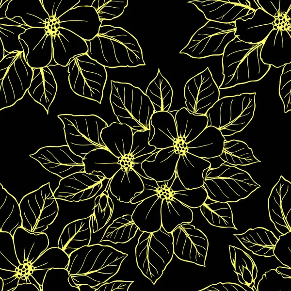 黑色背景 图案的大型黄花无缝等高线图案 — 图库矢量图片