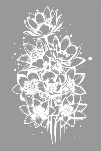 Bílá Grafická Kresba Obrysu Kytice Květin Šedém Pozadí Design — Stockový vektor