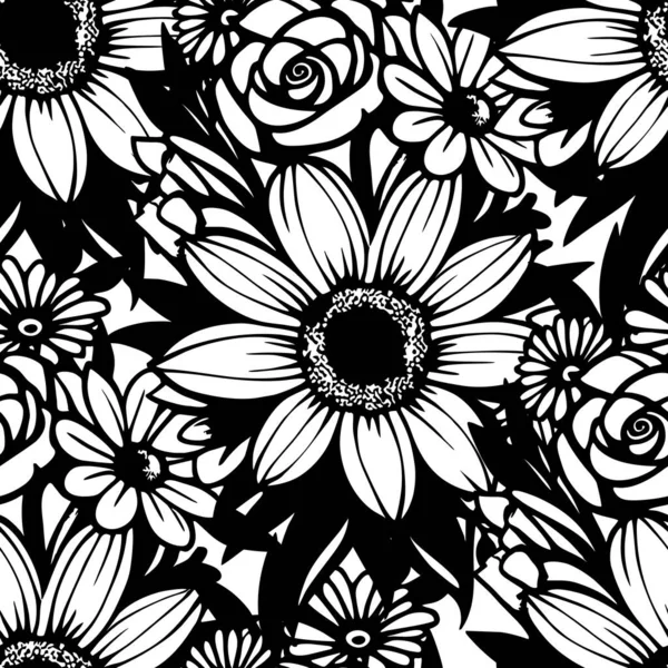 Monochroom Naadloos Abstract Patroon Van Grote Bloemen Textuur Design — Stockvector