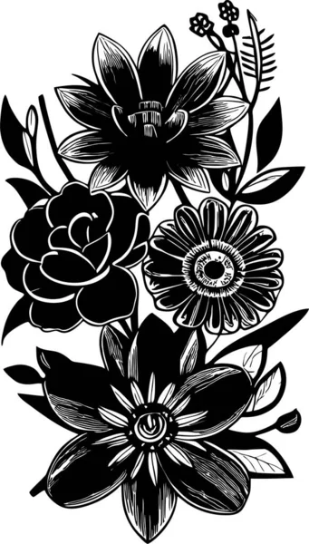 Μαύρο Γραφικό Περίγραμμα Σχέδιο Ενός Μπουκέτο Λουλούδια Λευκό Φόντο Σχέδιο — Διανυσματικό Αρχείο