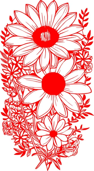 Röd Grafisk Kontur Ritning Bukett Blommor Vit Bakgrund Design — Stock vektor