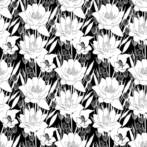 Wit Naadloos Abstract Patroon Van Grote Bloemen Een Zwarte Achtergrond — Stockvector