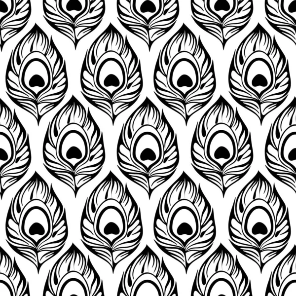 Seamless Contour Pattern Black Peacock Feathers White Background Texture Design —  Vetores de Stock