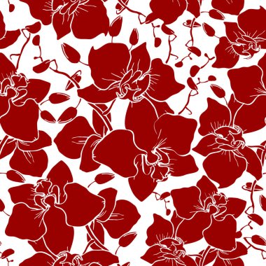 seamless pattern of large red silhouettes of orchids on a white background, texture, design