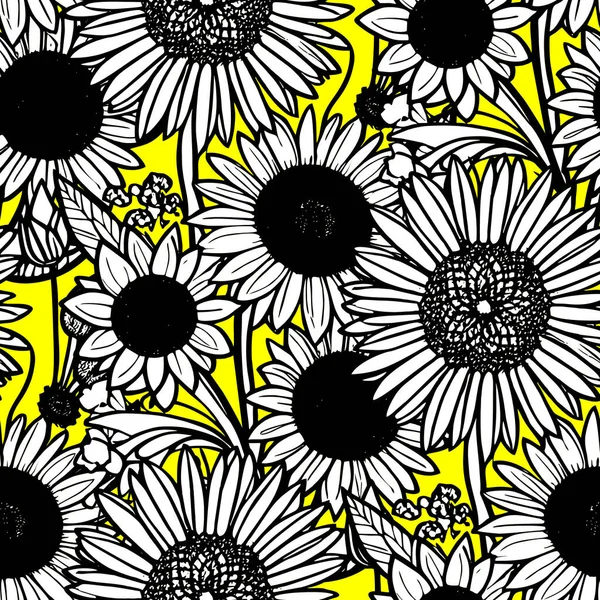Naadloos Patroon Van Grote Zwart Witte Bloemen Een Gele Achtergrond — Stockvector