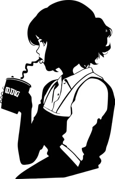 Černá Obrysová Kresba Dívky Popíjející Kávu Monochromatická Grafika Logo — Stockový vektor