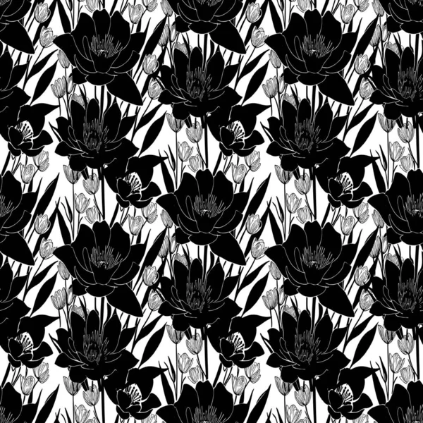 Schwarzes Nahtloses Abstraktes Muster Großer Blumen Auf Weißem Hintergrund Textur — Stockvektor