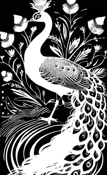 黒を基調とした孔雀の白い線画モノクロのグラフィックデザイン — ストックベクタ