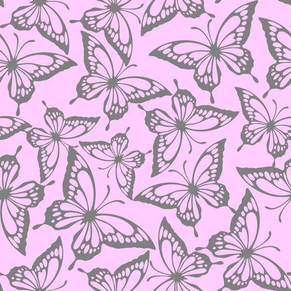 Nahtloses Muster Von Grauen Konturen Von Schmetterlingen Auf Rosa Hintergrund — Stockvektor