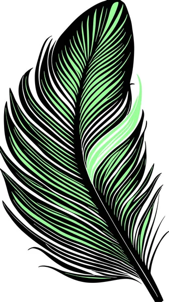 Einfache Grafische Zeichnung Schwarze Und Grüne Vogelfeder Skizze Logo — Stockvektor
