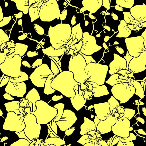 Αδιάλειπτη Μοτίβο Των Μεγάλων Κίτρινες Σιλουέτες Των Ορχιδέων Μαύρο Φόντο — Διανυσματικό Αρχείο