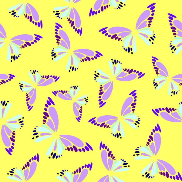 Bezszwowy Wzór Niebiesko Fioletowych Motyli Dekoracyjnych Żółtym Tle Tekstura Wzór — Wektor stockowy