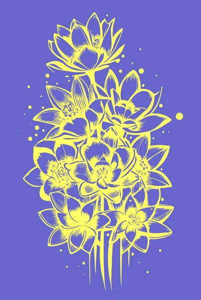 Gul Grafisk Kontur Ritning Bukett Blommor Blå Bakgrund Design — Stock vektor