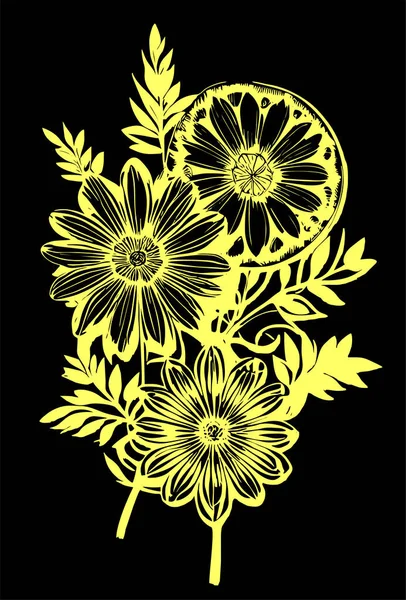 黒の背景に花の花束の黄色のグラフィックコンターの描画 デザイン — ストックベクタ