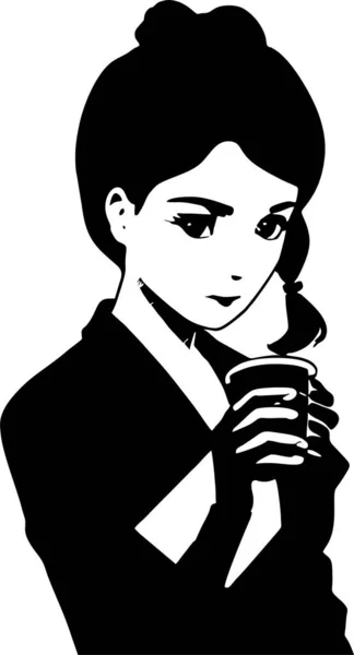 Czarny Rysunek Dziewczyny Pijącej Kawę Monochromatyczna Grafika Logo — Wektor stockowy