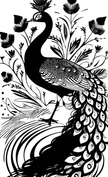 白い背景に孔雀の黒い様式化された絵 モノクロのグラフィック デザイン — ストックベクタ