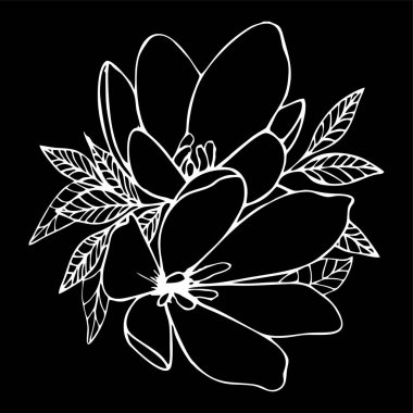 Siyah arka planda bir buket çiçeğin beyaz grafik çizimi, tasarım