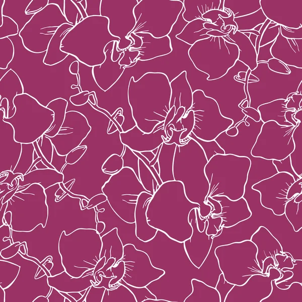 紫色背景 大型兰花白色轮廓无缝图案 — 图库矢量图片
