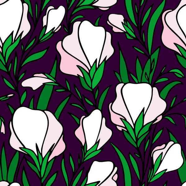 紫色の背景に白い大きな花のシームレスな輪郭パターン テクスチャ — ストックベクタ