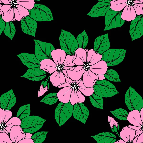 黒の背景にピンクの大きな花のシームレスなパターン テクスチャ デザイン — ストックベクタ