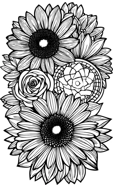 Чорний Графічний Контур Малюнок Букета Квітів Білому Тлі Дизайн — стоковий вектор
