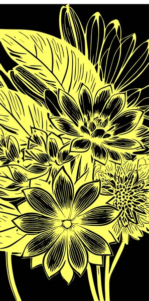 Desenho Contorno Gráfico Amarelo Buquê Flores Fundo Preto Desenho —  Vetores de Stock